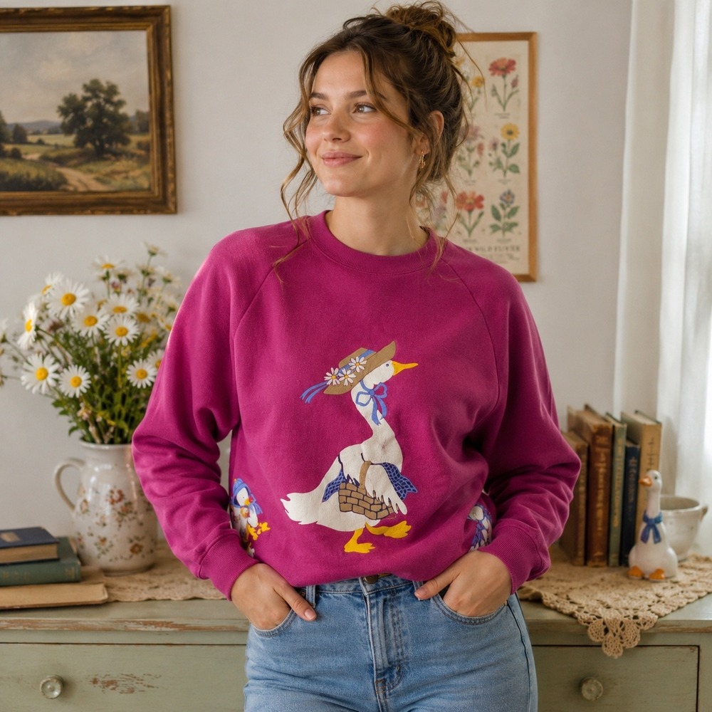 Vintage 80s Jerzees Goose Sweatshirt M 38-40 Pink Cottagecore USA Made READ